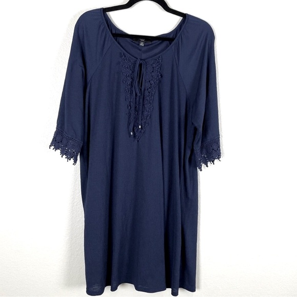 NAIF Womens Plus Size 3X Navy Shift Dress Crochet Accent tie Front - Picture 1 of 8